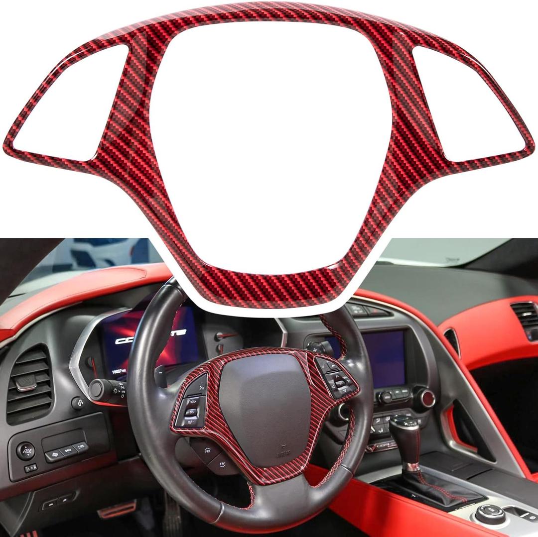 Carbon Fiber Look Steering Wheel Cover Molding Cover Trim for Chevrolet Corvette C7 Z06 Z51 ZR1 Stingray Grand Sport 2014 2015 2016 2017 2018 2019 Interior Accessories (Red)