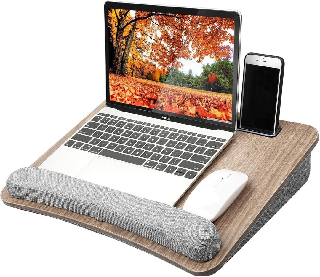 HUANUO Portable Lap Laptop Desk with Pillow Cushion, Fits up to 15.6 inch Laptop, with Anti-Slip Strip & Storage Function for Home Office Students Use as Computer Laptop Stand, Book Tablet (Medium, Wood Grain)