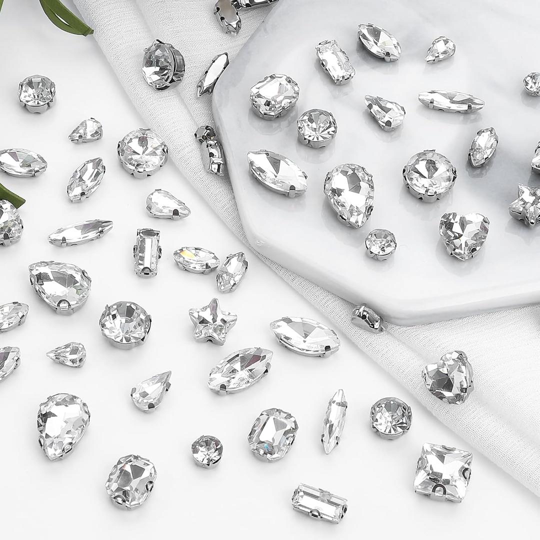 Sew on Rhinestones 205 PCS Glass Mixed Shapes Sew on Crystal Gems Flatback with Silver Claw for Jewelry Crafts Clothes Shoes Costume (Sliver Rhinestones) (Clear)