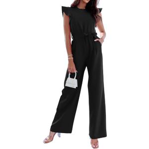 BTFBM Women Jumpsuits Crew Neck Ruffle Cap Sleeve Belted High Waist Wide Leg Romper with Pockets One Piece Casual Outfits (XX-Large, Black)