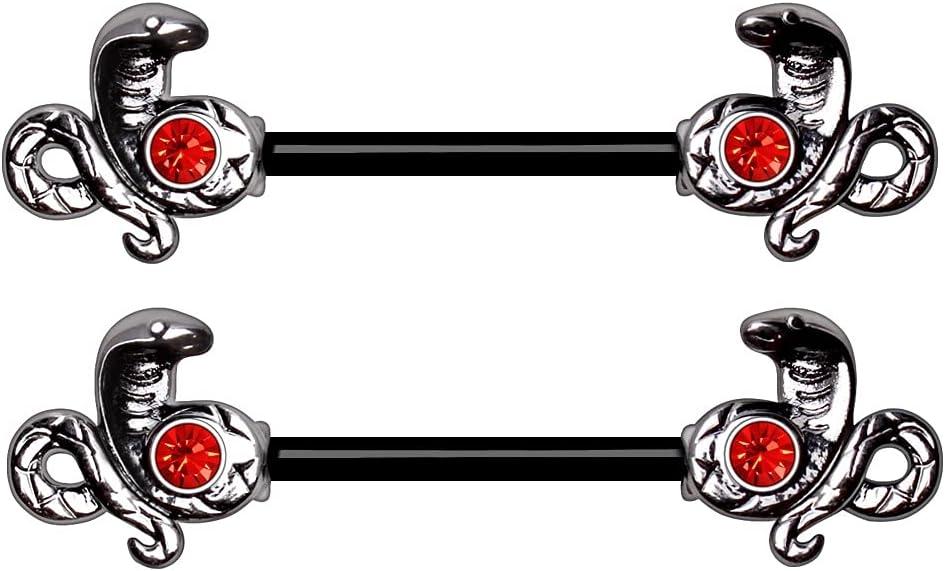 Pierced Owl 14GA Striking Cobra Protecting Ruby Red CZ Black PVD Plated 316L Surgical Stainless Steel Barbell Nipple Rings, Sold as a Pair