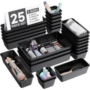 BiuLeon 25 PCS Plastic Drawer Organizers Set, 4-Sizes Vanity and Makeup Organizer, Desk and bathroom Drawer Organizer Trays, Organizers and Storage for Makeup, Jewelry, Gadgets, Utensils (Black)