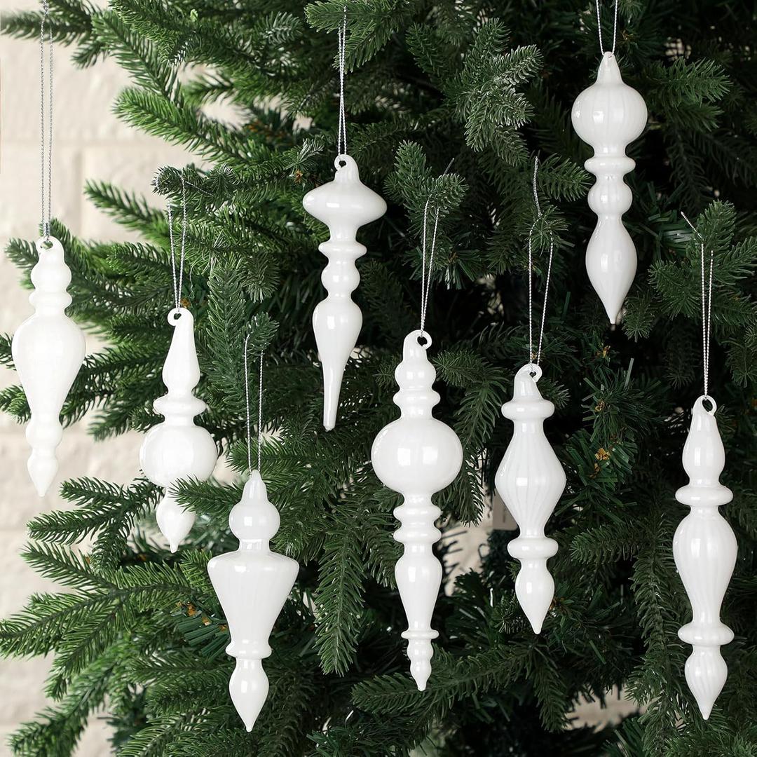 Mifoci 8 Pcs 6 Inch Mercury Glass Finial Christmas Ornaments Hanging Christmas Finials Glass Ornaments Assorted Mercury Decor for Vintage Holiday Xmas Tree Decoration(White)