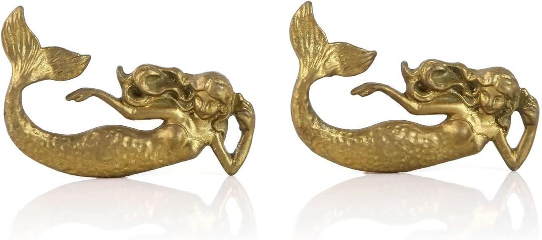 SOFFEE DESIGN Set of 2 Vintage Gold Mermaid Cabinet Knobs for Drawer, Ocean Beach Theme Aged Treatment Antique Door Knobs with Mounting Screws for Cupboard, Kitchen Furniture