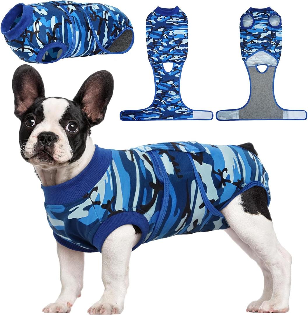 Kuoser Recovery Suit for Dogs Cats After Surgery, Professional Pet Recovery Shirt Dog Abdominal Wounds Bandages, Substitute E-Collar & Cone,Prevent Licking Dog Onesies Pet Surgery Recovery Suit (Small (Back:11.4-13.4'', Weight:7-15 LB), BlueCamo)