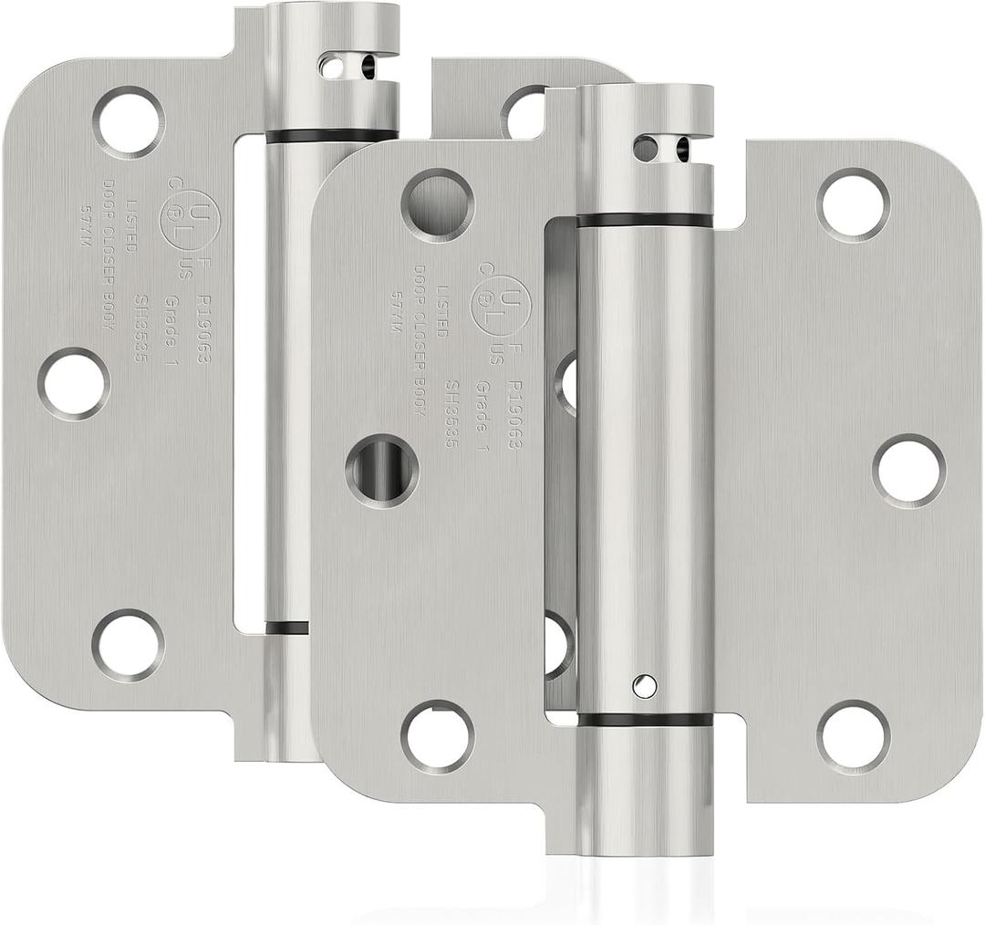 2 Pack Self Closing Door Hinges, 3.5 Inch Spring Loaded Door Hinges for Garage, Front, Back Door, Left/Right Hand, Adjustable Tension, 5/8'' Radius Corners, UL Listed, Brushed Nickel