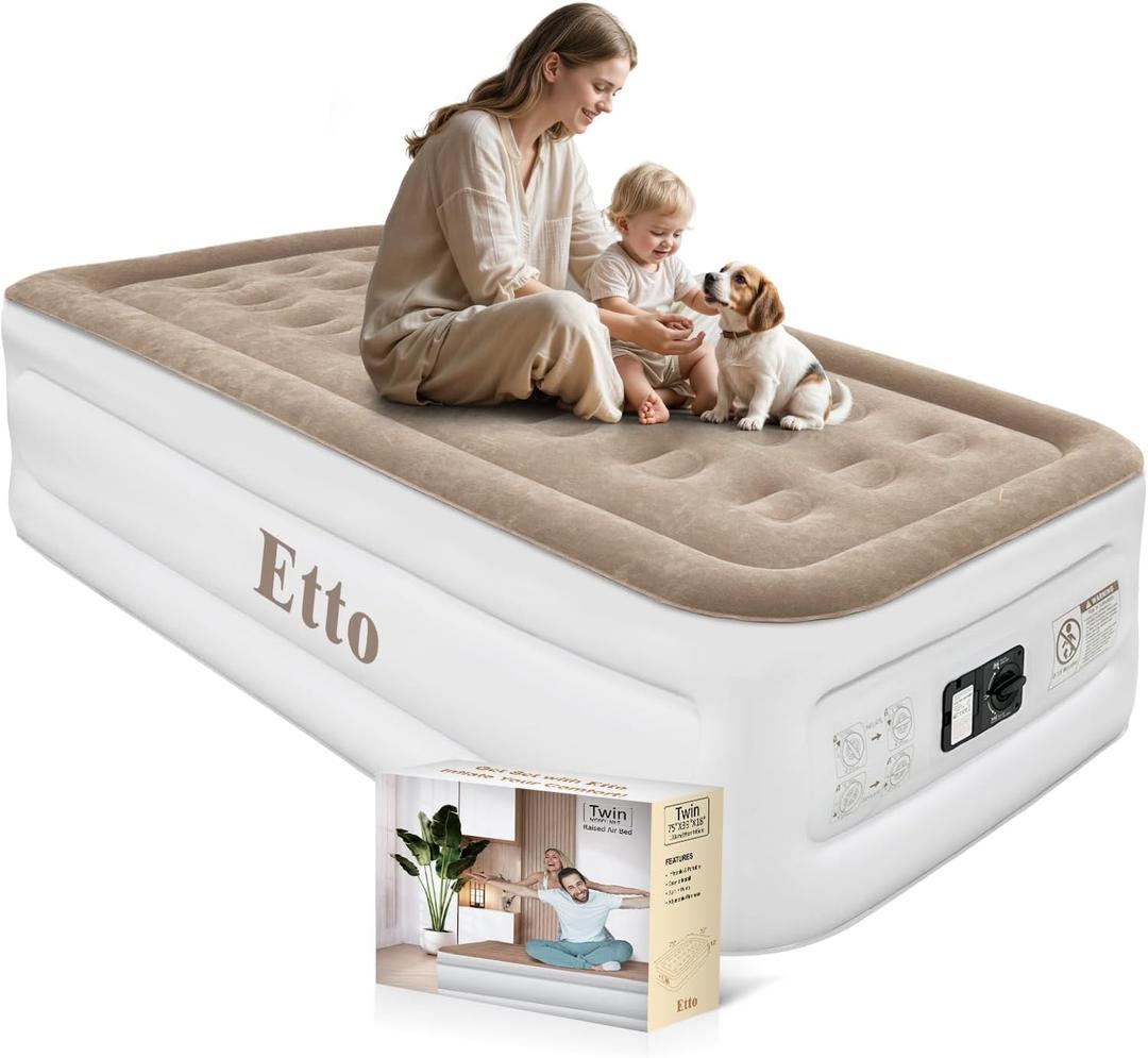 Twin Air Mattress with Built-in Pump, 18 Inch High Inflatable Bed for Camping, Guests & Home  Raised Blow Up Mattress with Storage Bag, Quick Inflation & Deflation, Extra Thick & Waterproof (Brown)