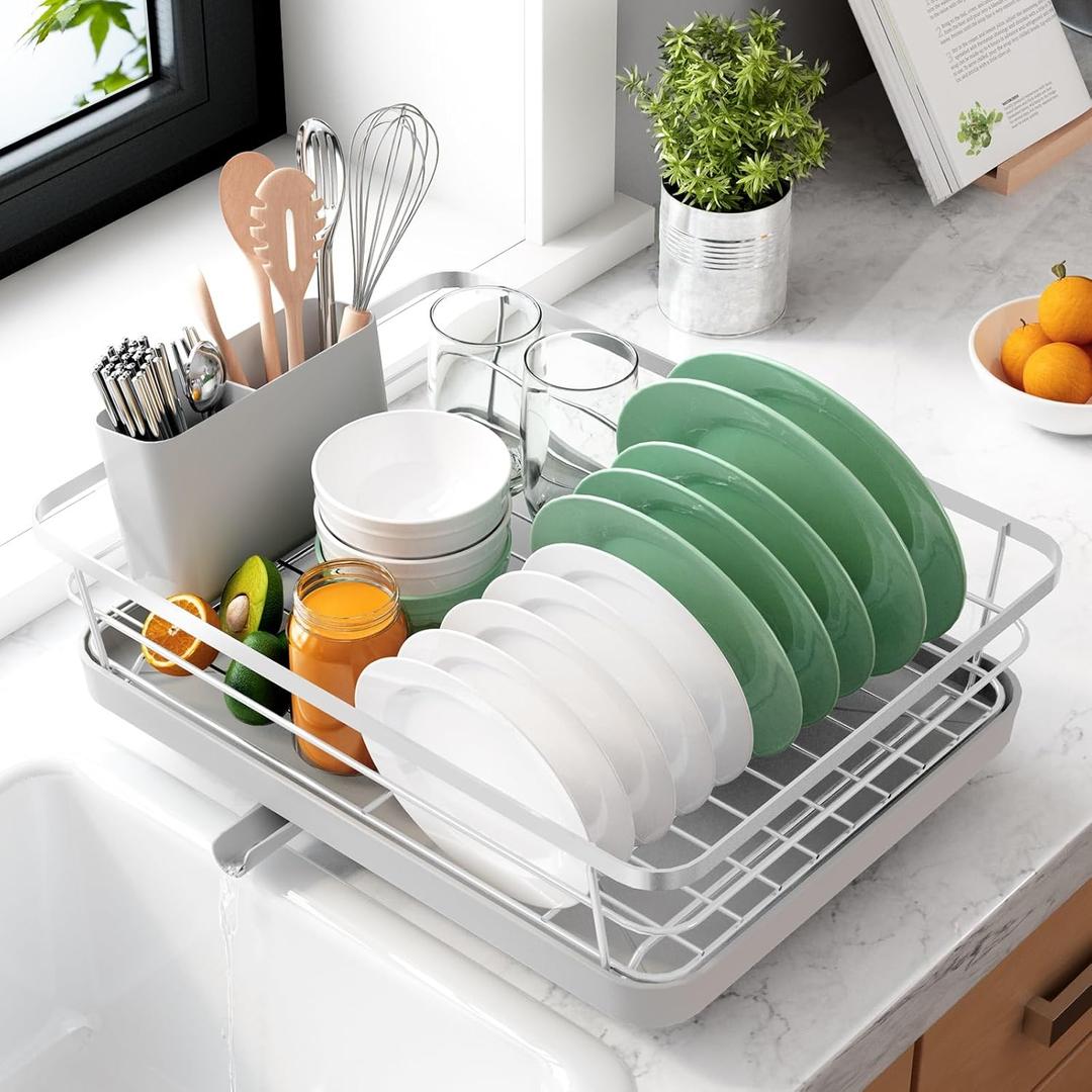 Kitsure Dish Drying Rack for Kitchen Counter, Stainless Steel Sink Organization and Storage Essentials with Cutlery Holder, Home and Appartment Decor, 12''W x 15.5''L, Silver