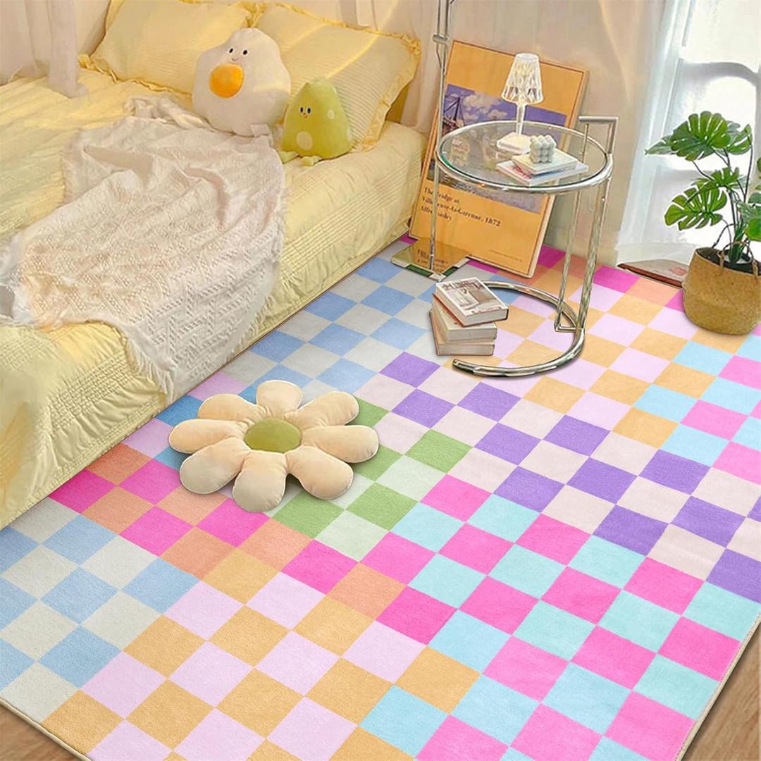 Multicolored Checkerboard Bedroom Rug Washable Ultra Thin Retro Funky Aesthetic Cute 4x6 Area Rugs for Living Room Nursery Kitchen Entryway Dorm, Pastel Colorful Checkered Geometric Carpet (Blue and Pink)