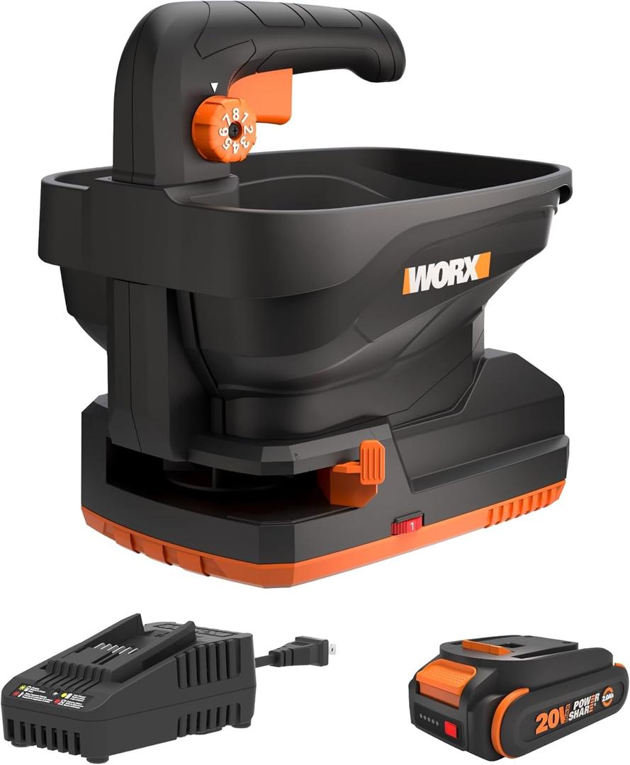 WORX 20V Cordless Seed Spreader 6-Speeds 5-Ft. Max Distance, Fertilizer Spreaders 8 Flow-Rate Settings, Broadcast Spreader Easier Than Hand Spreaders for Lawns WG869 Battery & Charger Included