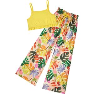 Girls 2 Piece Outfits Spring Summer Tropical Hawaiian Beach Vacation Wide Leg Pants Set Size 4-12