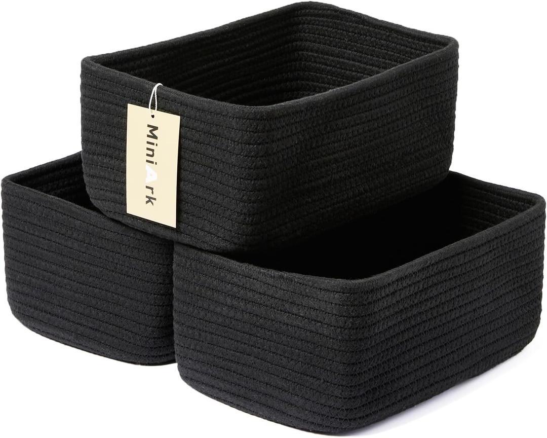 MiniArk Small Storage Baskets for Organizing | Closet Organizer Bins | Shelf Toy Basket | Woven Rope Baskets | Cube Decorative Box | Shallow Basket | 11.5x7.5x4.7 | 3 Packs Black