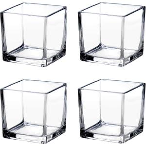 Square Glass Vases 4"x4" Clear Cube Flower Vase for Wedding Centerpiece Candle Holder Home Decor, Set of 4