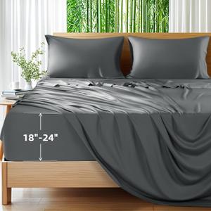 Shilucheng 100% Viscose Derived from Bamboo_Sheets, Extra Deep Pocket Sheets Fits 18"-24" Thick Mattress, Cooling & Breathable Bed Sheets 4Pcs, Hotel Silky Bedding Set (King,Dark Grey)