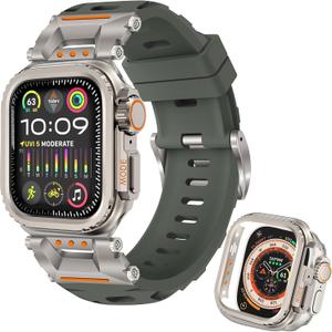 Rugged Strap for Apple Watch Ultra 2/Ultra Band 49mm with Stainless Steel Case, Armor TPU Sport Bands for iWatch Ultra2/1 with Metal Connector, Waterproof Wristband for Apple Watch Men Natural/Gray