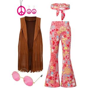 LENSOUS Girls Kids 60s 70s Hippie Costume Pants Set Outfits Fringe Vest Peace Flared Pants Accessories Set（Pink,8-10 Years）, G2991