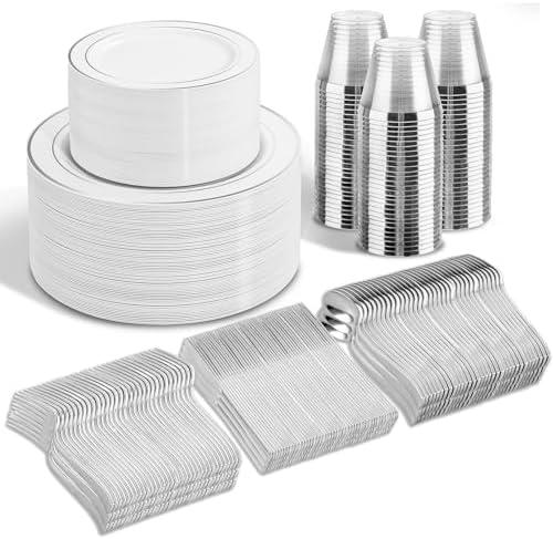 WELLIFE 600 Pcs Sliver Disposable Dinnerware for 100 Guests, Dinnerware Set of 100 Dinner Plates, 100 Salad Plates, 100 Spoons, 100 Forks, 100 Knives, 100 Cups