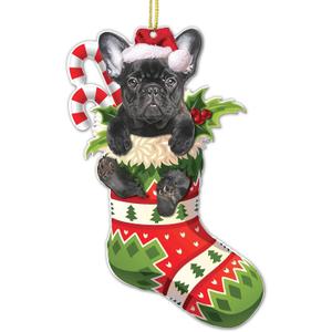 2 x Black French Bulldog Christmas Acrylic Flat Ornament - Frenchie Puppy in Stocking with Santa Hat - Perfect Holiday Tree Decoration for Dog Lovers- 2024 Black Frenchie Dog Christmas Ornament