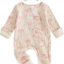 Socutebabe Newborn Baby Girl Coming Home Outfit Ruffle Romper Onesie Cute Ribbed Knit Jumpsuit Winter Clothes and Headband (Sweet Bow Cream, 0-3 Months)