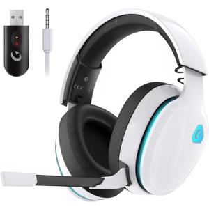 2.4GHz Wireless Gaming Headset for PS5, PS4 Fortnite & Call of Duty/FPS Gamers, PC, Nintendo Switch, Bluetooth 5.3 Gaming Headphones with Noise Canceling Mic, Stereo Sound, 40+Hr Battery -White