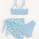 COZYEASE Girls' 3 Piece Bikini Set Ditsy Floral Print Wireless Swimsuit with Beach Skirt (Blue)