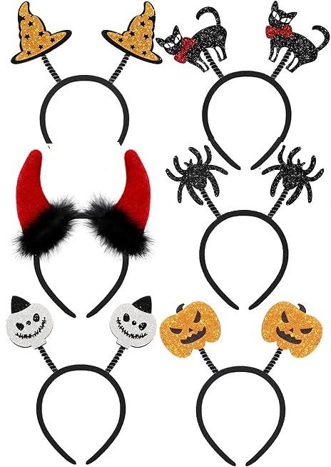 Aodaer 6 Pack Halloween Glitter Headband Witch Hat Pumpkin Devil Horns Hair Accessories Bat Spider Headpiece for Halloween Party Supplies Costume Cosplay Favors