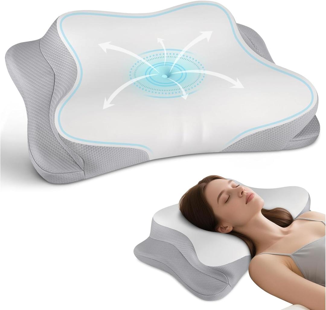 Cervical Neck Pillow - Cooling Ergonomic Neck Support Pillow for Sleeping, Orthopedic Contour Memory Foam Pillows for Side, Back & Stomach Sleepers with Pillowcase (Grey)