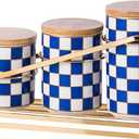 Kitchen countertop ceramic grid pattern airtight jar set - a set of 3 kitchen jars with layered shelves, sealed countertop flour and sugar containers, coffee and tea storage (Blue)