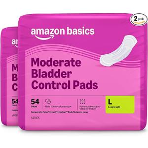 Amazon Basics Incontinence Pads for Women, Postpartum, Long, Bladder Control, Moderate Absorbency, Unscented, 108 Count (2 Packs of 54)