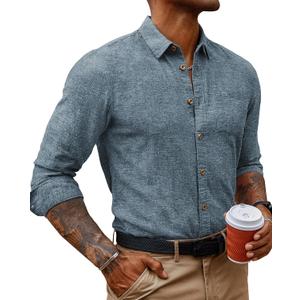 PJ PAUL JONES Long Sleeve Shirts for Men Fashion Button Down Shirt Outfit with Pocket Grey Blue Shirt Men M