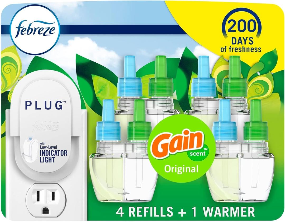 Febreze Plug-In Air Freshener, Odor-Fighting Scented Oil Starter Kit, Air Fresheners for Home, Bathroom and Kitchen, Long Lasting, Gain Original Scent, Warmer + 4 Refill, Multicolor (0.87 Fl Oz (Pack of 4))