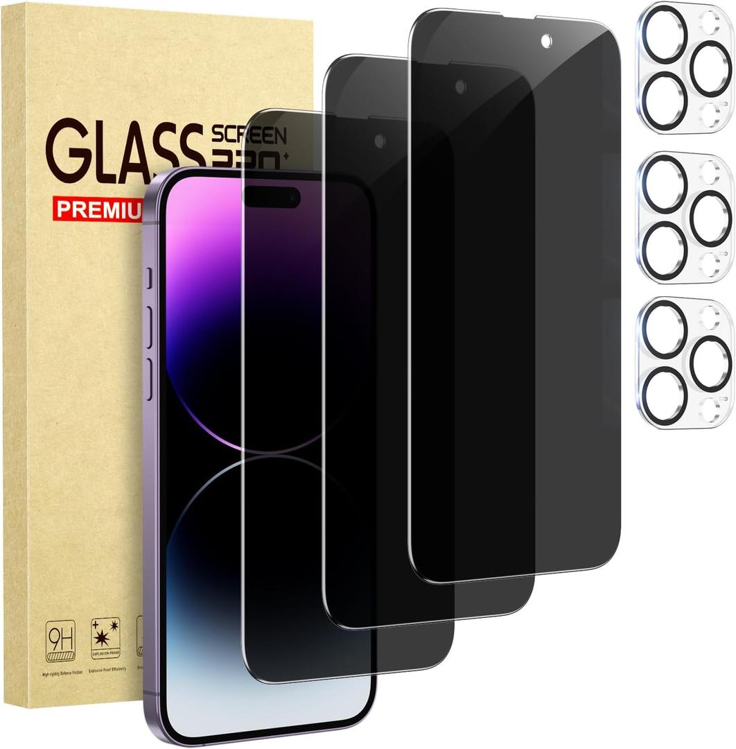 Cutebe 3 Pack Privacy Screen Protector for iPhone 14 Pro Max+3 Pack Camera Lens Protector with Tempered Glass, Touch Sensitive and Case Friendly