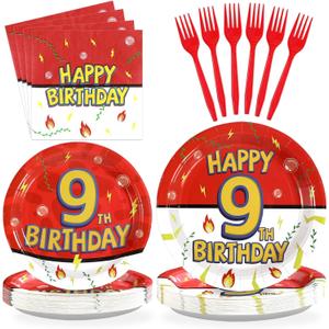 Grencian 96Pcs Happy 9th Birthday Party Supplies Cartoon Anime Themed Paper Plates and Napkins Tableware Sets Red and White Decoration for 9 Year Old Birthday Kids Children Party Serves 24