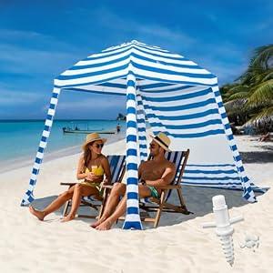 Grandekor Upgraded 6'×6' Pop Up Beach Canopy Tent for Family & Kids UPF 50+ Sun Shelter for Pool Camping with Sand Anchor Sidewall Dark Blue White Stripe