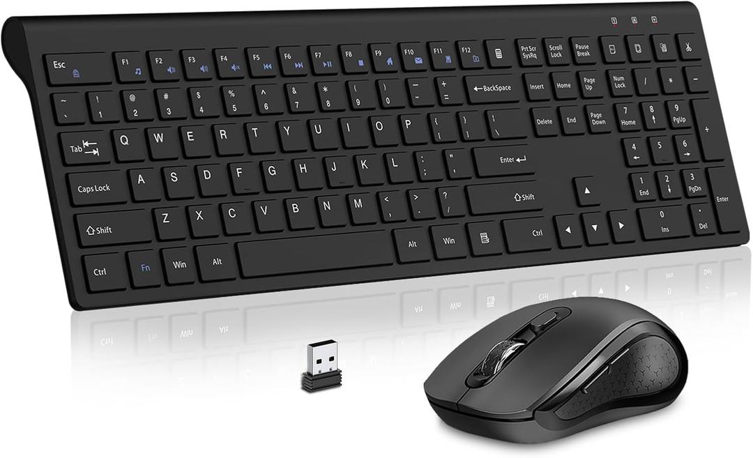 Acozykitten Keyboard and Mouse Wireless, Slim Full Size Keyboard with Calculator Button, Fn Lock, Silent Computer Mouse with Side Button, 2400 DPI, 2.4G USB Cordless Set for Laptop PC Windows Mac -Black