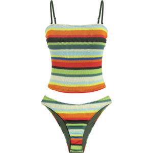 ZAFUL Women's Floral Tankini Swimsuits Bandeau Tummy Control High Cut Tankini Set Two Piece Bathing Suit (M)