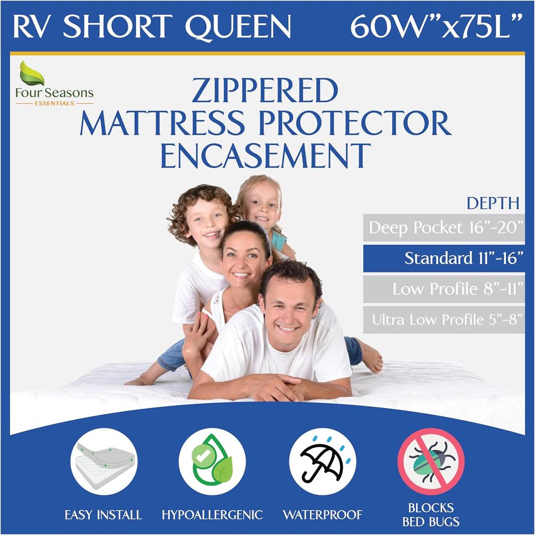 RV Short Queen Mattress Protector (60" Wx75 L) Waterproof Zippered Encasement Hypoallergenic Premium Bed Cover Protects Against Bedbugs Dust Allergies