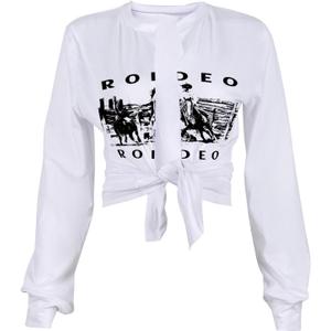 LovelyWholesale Women Tie Front Tops Graphic Crop Sexy Long Sleeve Deep V Neck Shirt White R Small (White, S)