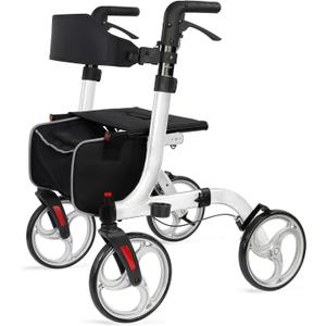 Rollator Walkers for Seniors-Folding Rollator Walker with Seat and Four 10inch Wheels-Medical Rolling Walker with Comfort Handles and Thick Backrest-Lightweight Aluminium Frame and Basket (White)