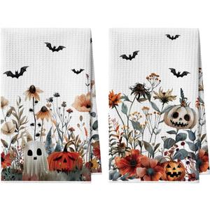 Artoid Mode Ghost Pumpkins Bats Floral Halloween Kitchen Towels Dish Towels, 18x26 Inch Quick Dry Microfiber Hand Towels for Kitchen Drying Set of 2 (Beige)