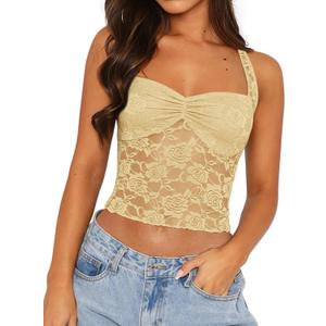 REORIA Lace Tops for Women Halter Sexy Going Out Tank Crop Y2K Fashion Top 2025 Trendy (Small, Honeybee Yellow)