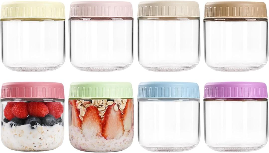 SHOWIN Overnight Oats Containers with Lids, 10oz Glass Jars with Lids 8 pcs, Wide Mouth Mason jars for Salad, Yogurt, Snacks, Meal Prep