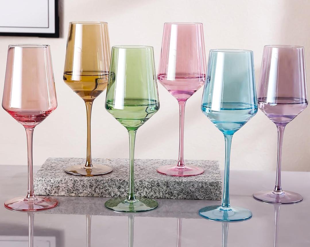 Physkoa 15oz Colored Wine Glasses Set of 6  Elegant Long Stem Glassware for Wine, Party, Dinner, Housewarming, Birthday or Holiday Gift (Multicolor)