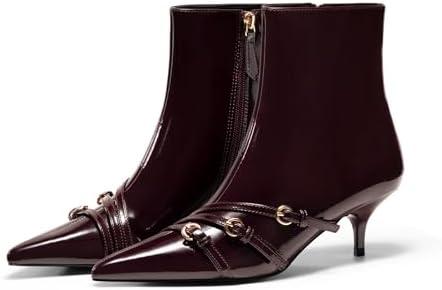 Coutgo Womens Buckle Strap Ankle Booties Kitten Low Heel Pointed Toe Y2K Boots Side Zipper Fall Shoes (Size: 7)