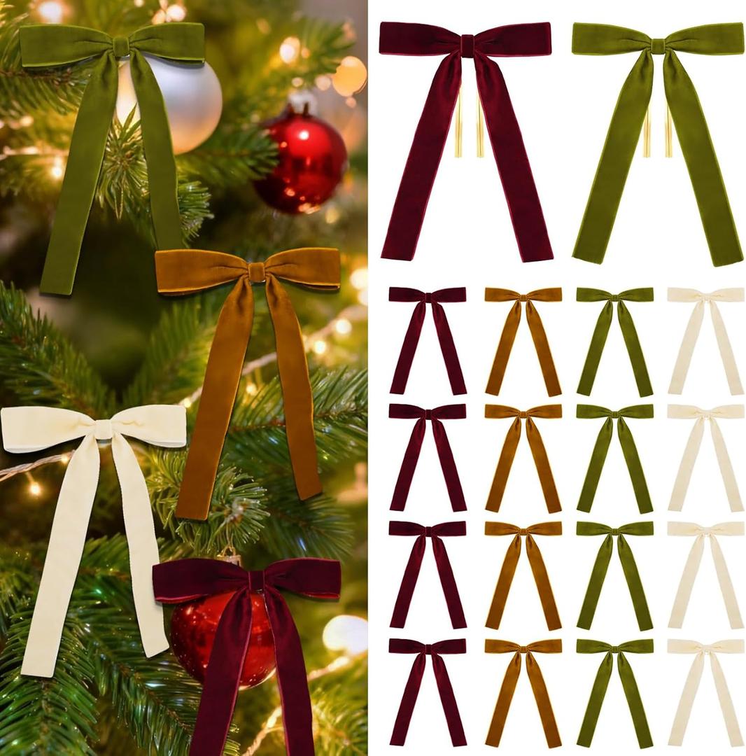 18 Pcs Burgundy, Olive Green, Camel, Beige Velvet Bows for Christmas Tree  Rustic Velvet Christmas Tree Bows, Holiday Decorations for Garland Wreath Bow (5 * 7", 1" Wide)