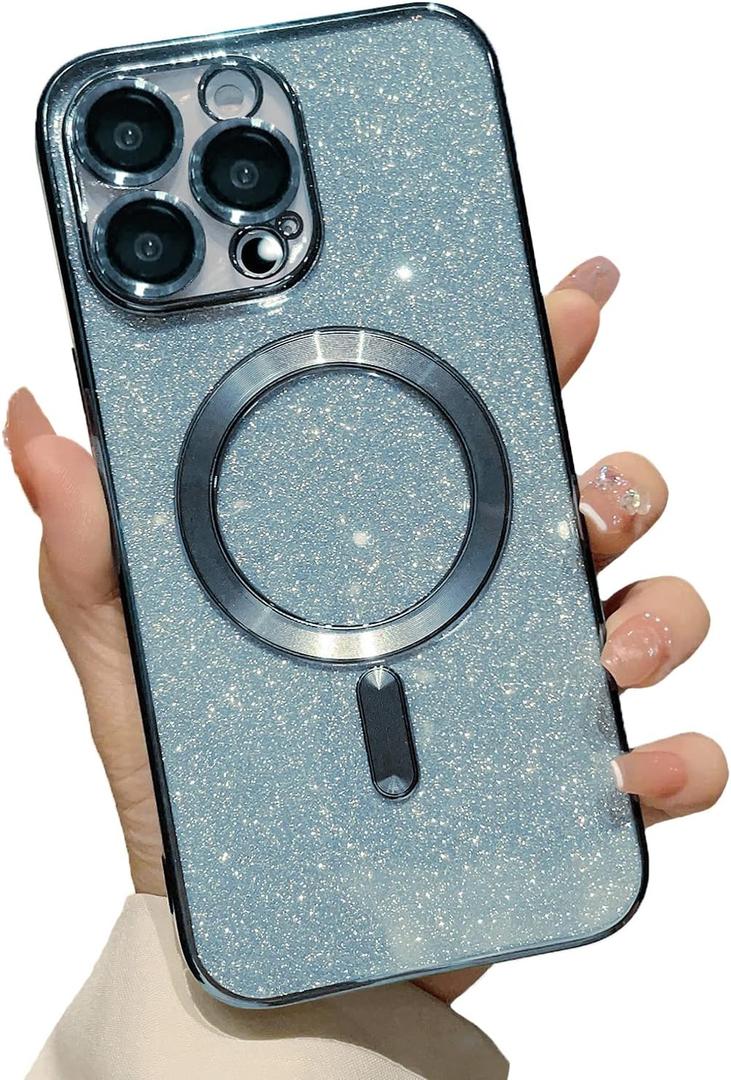 Designed for iPhone 14 Pro Max Magnetic Glitter Case, Cute with Camera Lens Protector, Compatible with MagSafe, Soft TPU Slim Shockproof Clear Protective Phone Case Cover for Women Girls, Blue