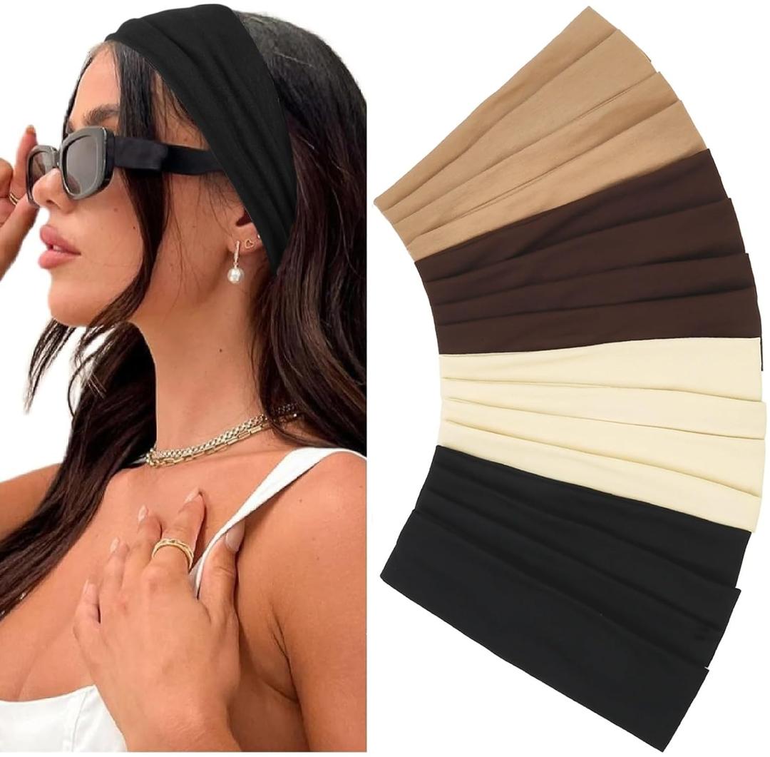 Elastic Non-Slip Soft Cloth Fabric Women's Headbands 16 Pack - Yoga, Running, Sports Hair Accessories in Black, Brown, Beige, Thick