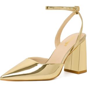 RIBONGZ Block Heels for Women Closed Pointed Toe Heeled Slingback Chunky High Heel Ankle Strap Pumps Patent Leather Comfort Dressy Shoes for Work Party Prom Wedding Bridal Dress 39
