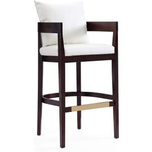 Manhattan Comfort Ritz Faux Leather Barstool with Loose Pillow Backrest, Beech Wood Legs, Gold Metal Footrest, Mid Century Modern Design, Fully Assembled Bar Stool, 30.5" Seat Height,  Ivory