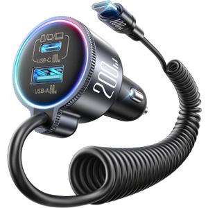 200W Car Charger USB C, PD100W Fast Charge w/100W Type C Fast Charging 5FT Coiled Cable, PD3.0/QC4.0/PPS Cigarette Lighter Phone Adapter for iPhone 17/16 ProMax, MacBook Pro/Air, Samsung S26/S25, iPad